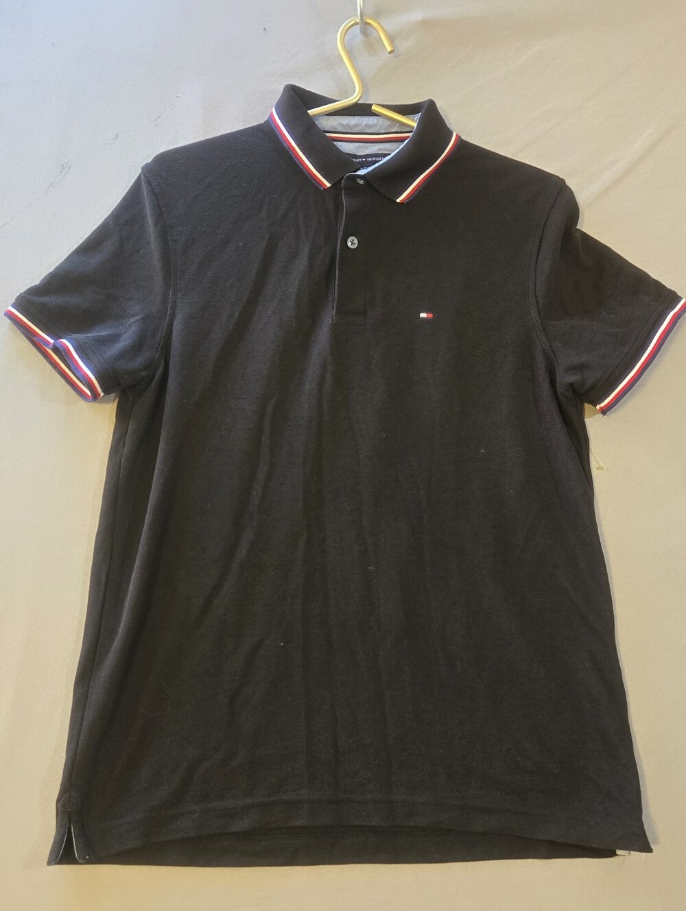 Tommy Hilfiger Black Polo with Red-White-Blue Contrast Trim Sz M